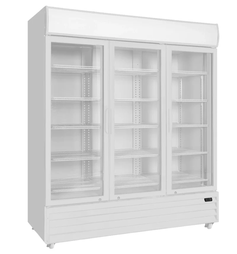 Commercial Plug in Triple Swing Glass Door Refrigeration Upright Display Visit Cooler Merchandising Cabinet